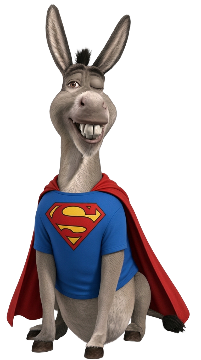 Full-body Super Donkey winking in his blue superhero shirt and red cape